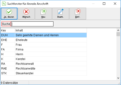 Das Suchfenster für Anrede Anschrift