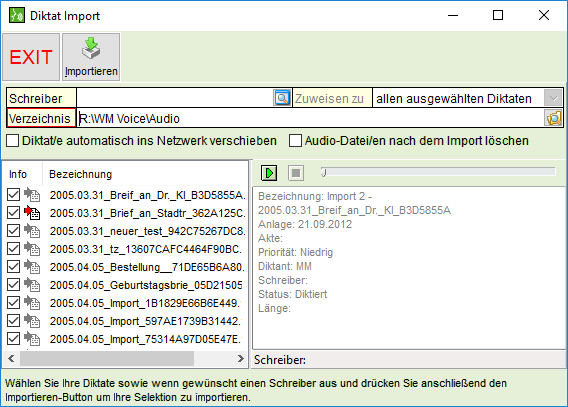 Das Fenster "Diktat Import"