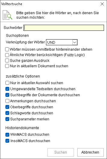Das Fenster "Volltextsuche"
