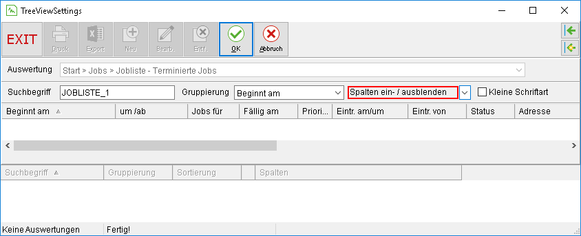Das Fenster zum Verwalten von Auswertungen