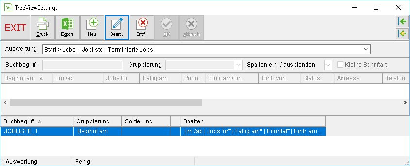 Das Fenster zum Verwalten der Auswertungen