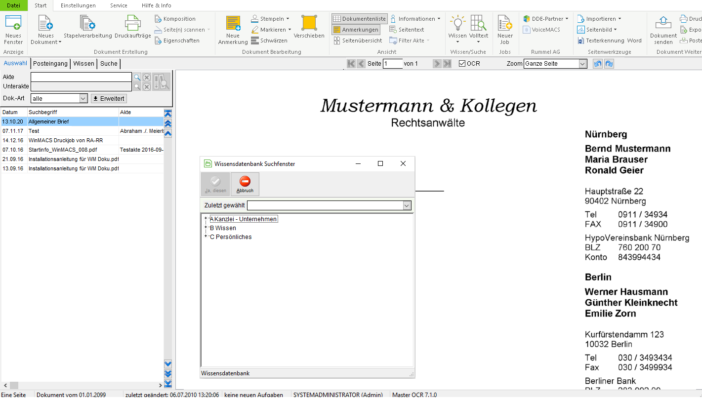 Das Hauptfenster von WM Doku und die Wissensdatenbank