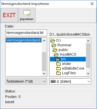 Das Fenster "Vermögensbestand importieren"