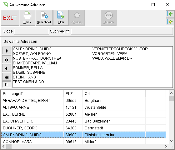 Das Fenster "Auswertung Adressen"