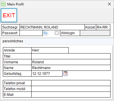 Das Fenster "Mein Profil"