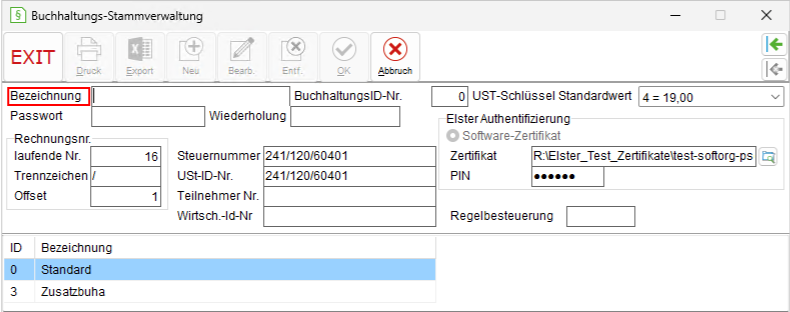 Das Fenster "Buchhaltungs-Stammverwaltung"