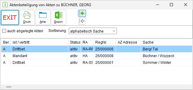 Das Fenster "Aktenbeteiligung zu ..."