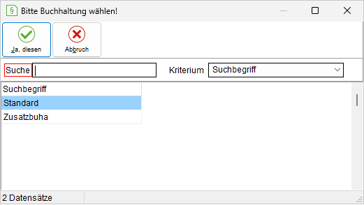 Das Fenster "Bitte Buchhaltung wählen!"