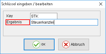Das Fenster "Schlüssel eingeben/ bearbeiten" ausgefüllt