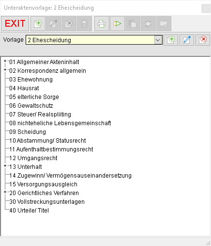 Das Fenster "Unteraktenvorlage"