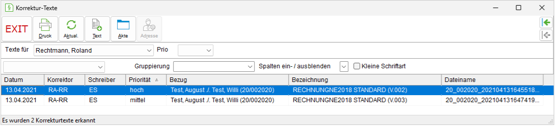 Das Fenster "Korrektur-Texte"