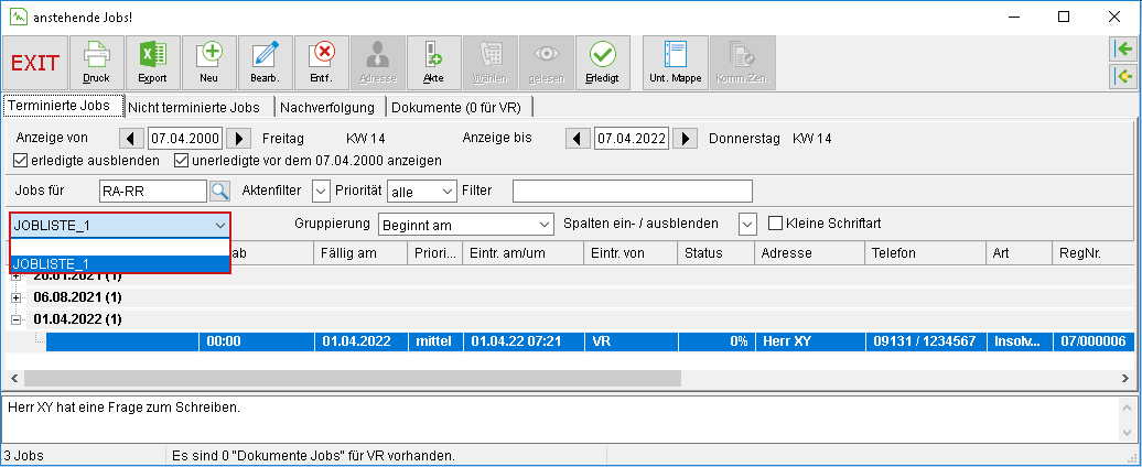 Das Joblisten-Fenster