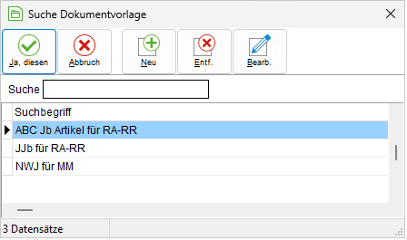 Das Fenster "Suche Dokumentvorlage"