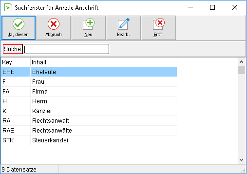 Das Suchfenster für Anrede Anschrift
