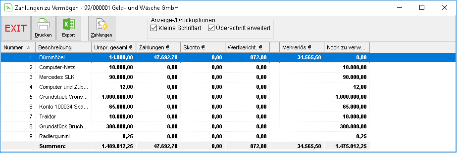 Das Fenster "Zahlungen zu Vermögen"