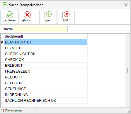 Das Fenster "Suche Stempelvorlage"