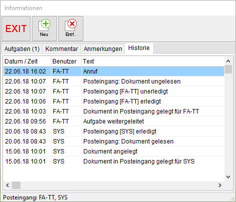 Das Informationsfenster: die Registerkarte "Historie"