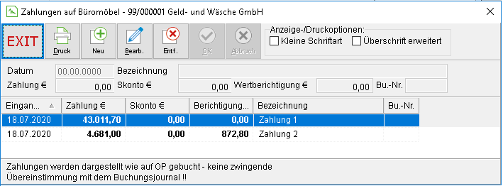 Das Fenster "Zahlungen zu ..."