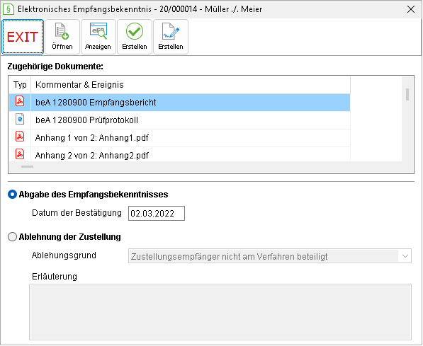 Das Fenster "Elektronisches Empfangsbekenntnis zu Akte"