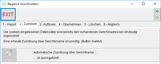 Das Fenster "Abgleich Gerichtsdaten": die Registerkarte "2 – Zuordnen"