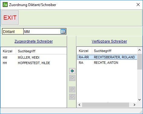 Das Fenster "Zuordnung Diktat/ Schreiber"
