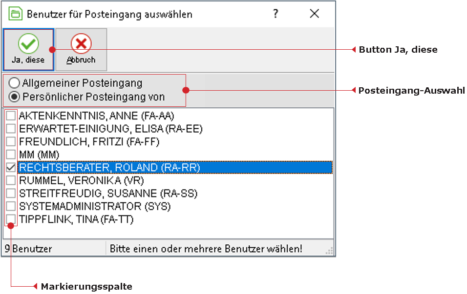 Das Fenster "Benutzer für den Posteingang auswählen"