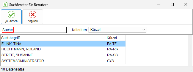 Das Suchfenster für Benutzer