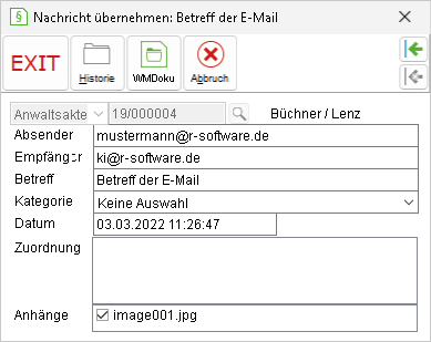 Das Fenster "Nachricht übernehmen: Betreff der E-Mail"