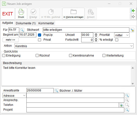Das Fenster "Neuen Job anlegen"
