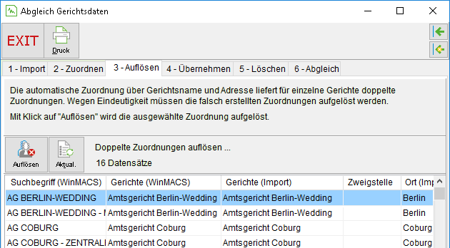 Das Fenster "Abgleich Gerichtsdaten": die Registerkarte "3 – Auflösen"