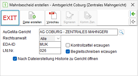 Das Fenster "Mahnbescheid erstellen"