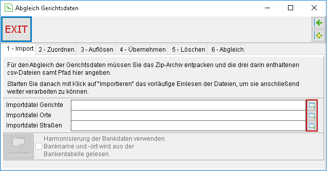 Das Fenster "Abgleich Gerichtsdaten": die Registerkarte "1 – Import"