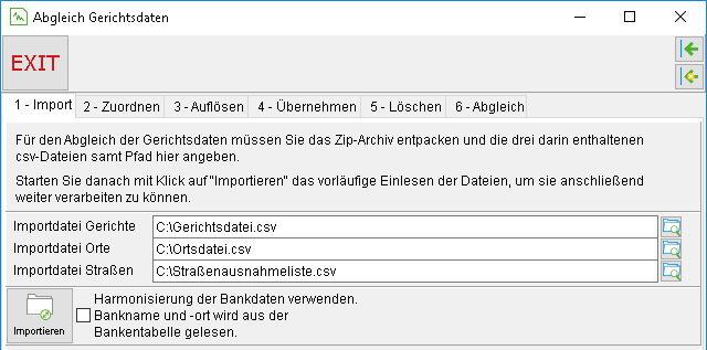 Das Fenster "Abgleich Gerichtsdaten": die Registerkarte "1 – Import"