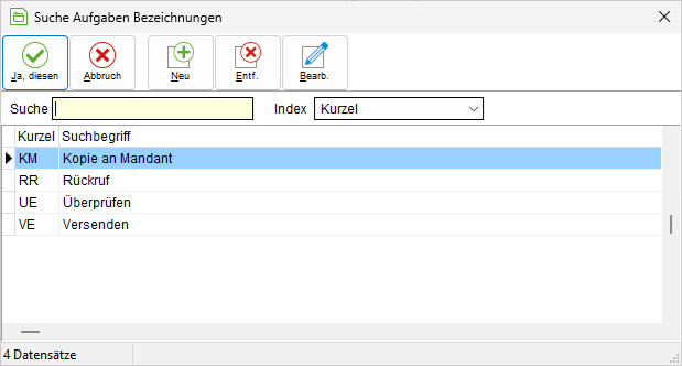 Das Fenster "Suche Aufgaben Bezeichnungen"