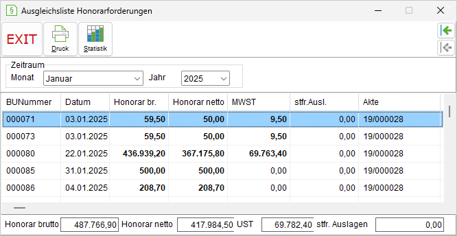 Das Fenster "Ausgleichsliste Honorarforderungen"