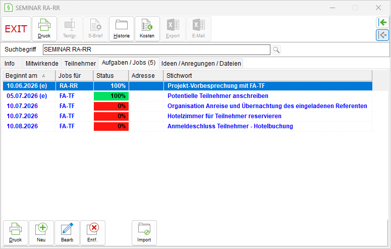 Das Projektfenster: die Registerkarte "Jobs/ Aufgaben"