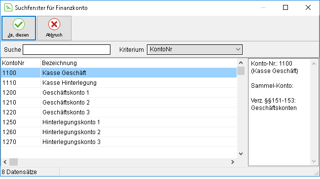 Das Suchfenster für Finanzkonto