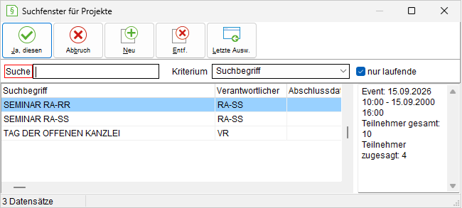 Das Suchfenster für Projekte