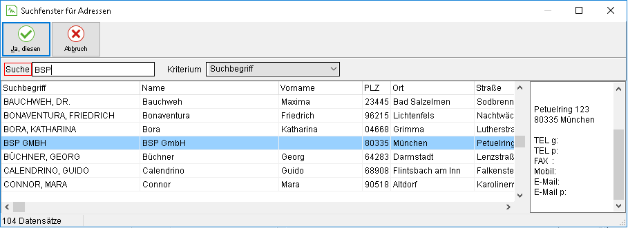 Das Suchfenster für Adressen
