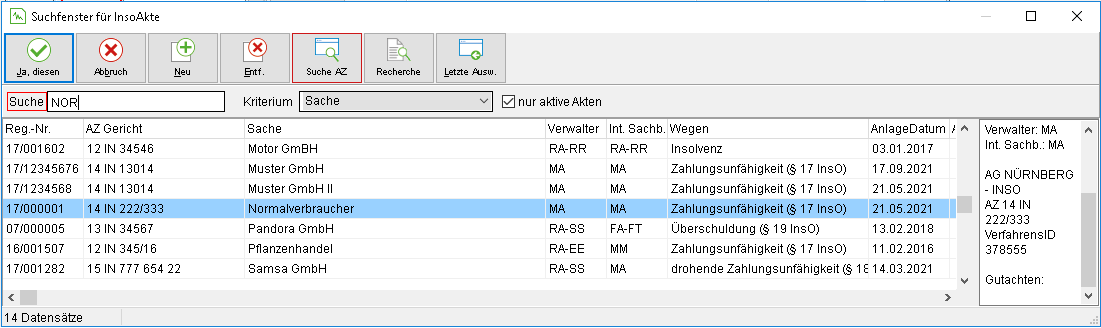Das Suchfenster für InsoAkte