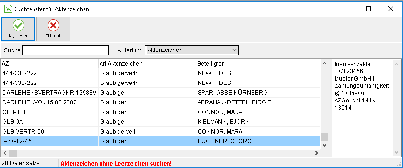 Das Suchfenster für Aktenzeichen