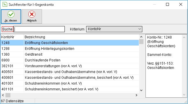 Das Suchfenster für "I-Gegenkonto"