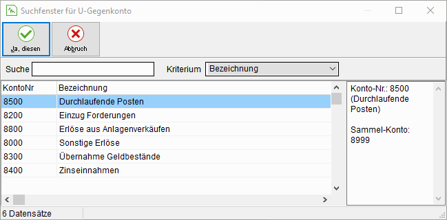 Das Suchfenster für U-Gegenkonto
