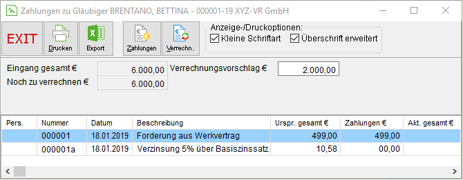Das Fenster "Zahlungen zu Gläubiger ..."