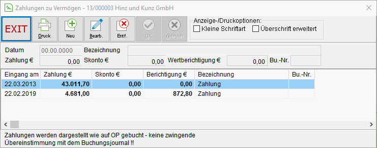 Das Fenster "Zahlungen zu Vermögen"