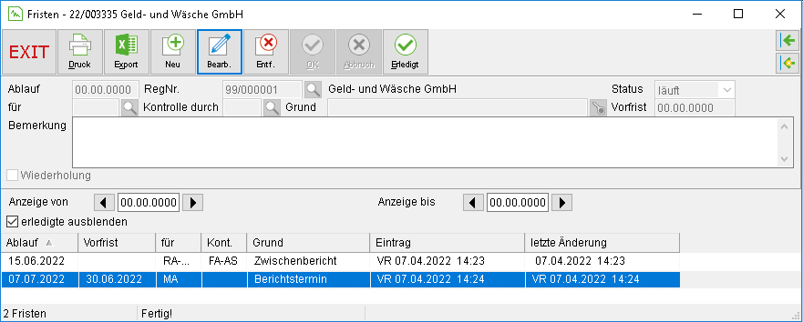 Das Fenster "Fristen"