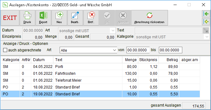 Das Fenster "Auslagen-/ Kostenkonto"