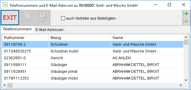 Das Fenster "Telefonnummern und E-Mail-Adressen zur Akte"