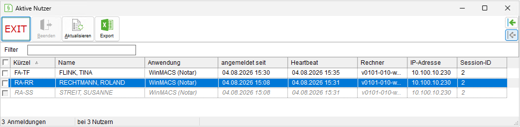 Das Fenster "Aktive Nutzer"