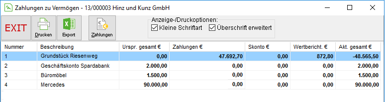 Das Fenster "Zahlungen zu Vermögen"
